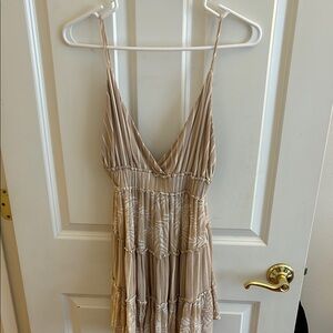 Ocean Drive Tan Sundress with Ruched Tiered Design and Spaghetti Straps
